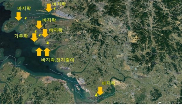 방류 대상지역 별 지도 4개 시·군 총 8개소 (안산3, 화성3, 평택1, 시흥1)